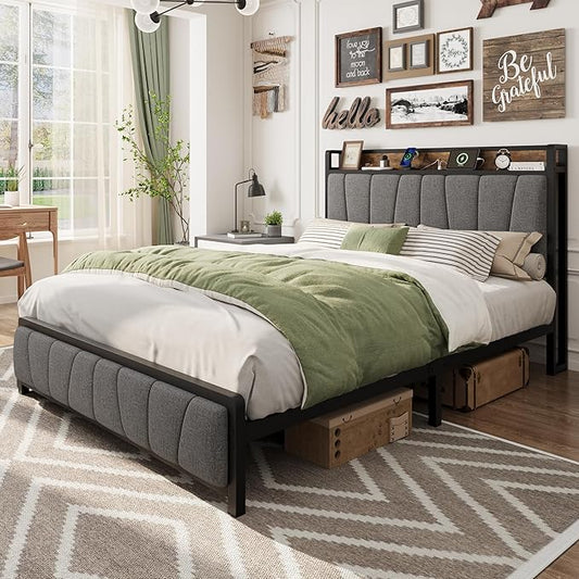 GAOMON Queen Size Bed Frame with Storage Headboard and 2 Drawers, Linen Upholstered Platform Bed Frame with Charging Station, Heavy Duty, No Box Spring Needed, Easy Assembly, Noise Free, Grey&Brown