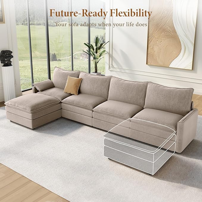 Vesgantti 142" Cloud Couch Sectional Modular Sofa, Comfy Sectional Couch with Ottoman Deep Seat Chenille L Shaped Sofa, Modular Couches for Living Room, Bedroom and Apartment, Light Brown | Sink-in Comfort, Height Adjustable, Easy Rearrangement, Extra-...