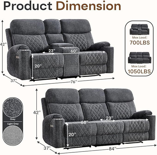 HAOMARKETS 2-Piece Power Recliner Sofa Set with Charging Port, Include 2-Seater Loveseat Reclining Couch with Hidden Storage and Cup Holders and 3-Seater Recliner Couch for Living Room, Dark Grey