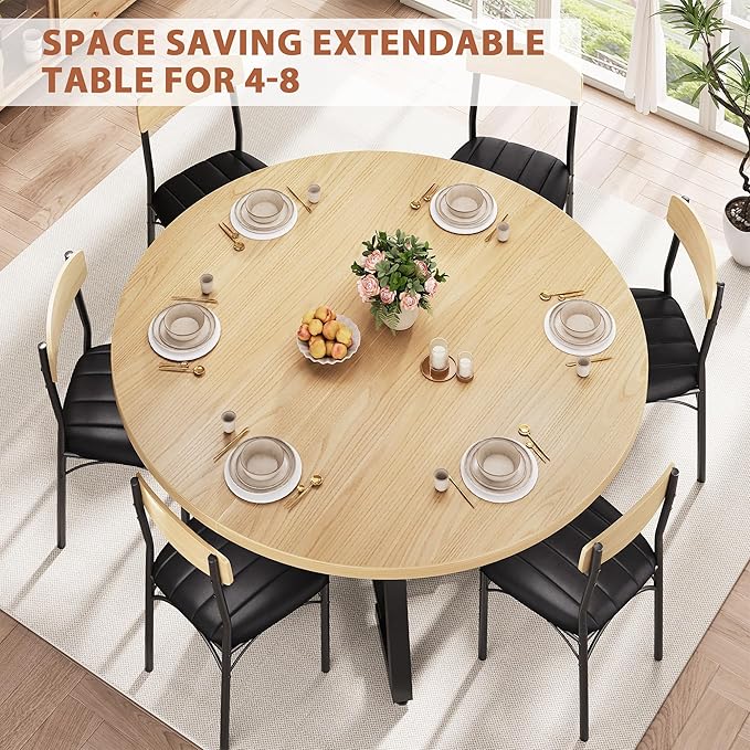 Round Dining Table Kitchen Dining Room Dinner Table for 4-6, Space Saving Extendable Oval Circle Furniture with Pedestal Base and Storage Shelf for Kitchen Living Room (Wood, for 6-8)