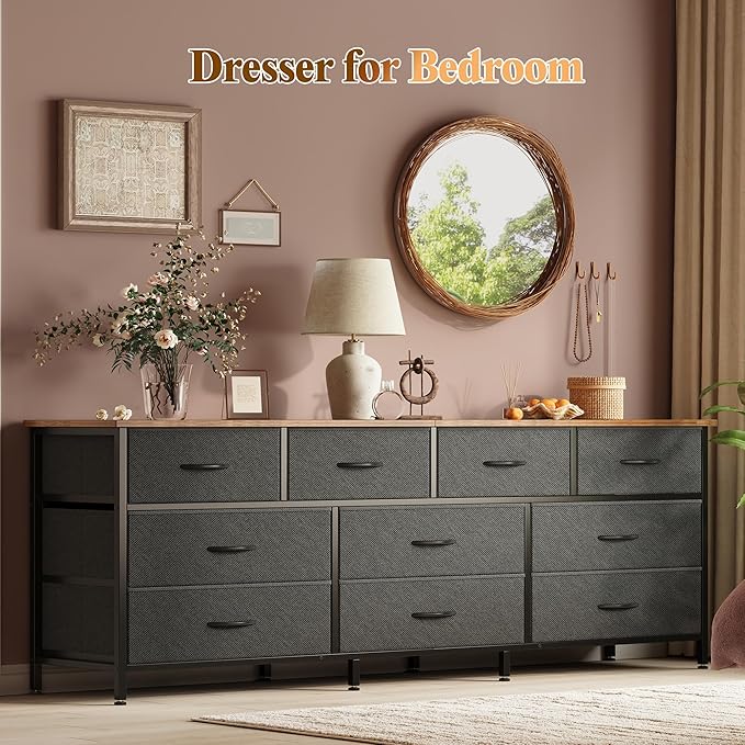 Huuger 63 Inch Dresser for Bedroom, Long Dresser with 10 Fabric Drawers, TV Stand for 55, 65, 70 Inch TV, Toy Storage Organizer for Closet, Rustic Brown and Black