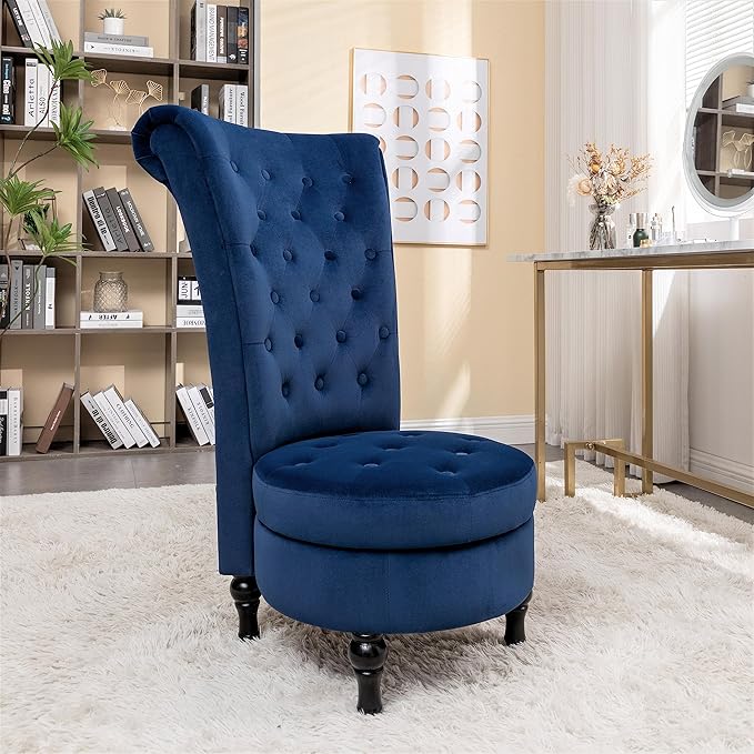 Royal High-Back Velvet Accent Chair for Vanity with Storage and Luxurious Upholstery, Retro Design and Versatile Usage for Living Room, Bedroom, Lounge and Office, Dark Blue