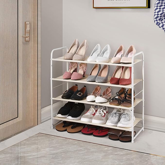 Simple Trending 4 Tier Stackable Shoe Rack, Expandable & Adjustable Fabric Shoe Shelf Storage Organizer, White