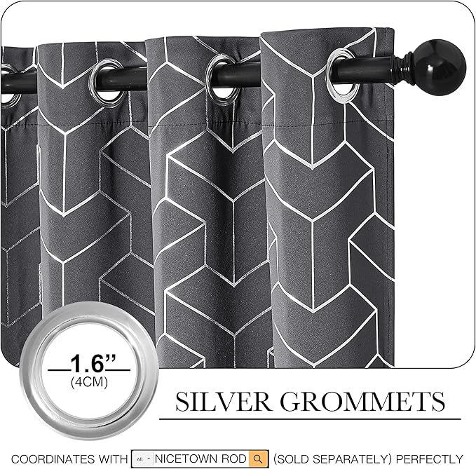 NICETOWN Blackout Curtains for Bedroom, Foil Printed T-Shaped Energy Saving Thermal Insulated Solid Grommet Blackout Draperies for Patio Hall Studio (1 Pair, 52 inches by 95 inches, Grey)