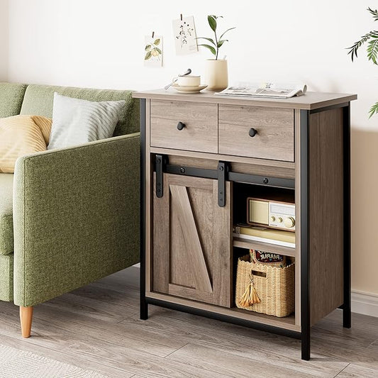 Senfot Coffee Bar Cabinet, Modern Farmhouse Kitchen Buffet Sideboard with 2 Drawers and 2 Shelves, Sliding Barn Door Storage Cabinet for Kitchen, Dining Room, Bathroom, Entryway, Rustic Brown