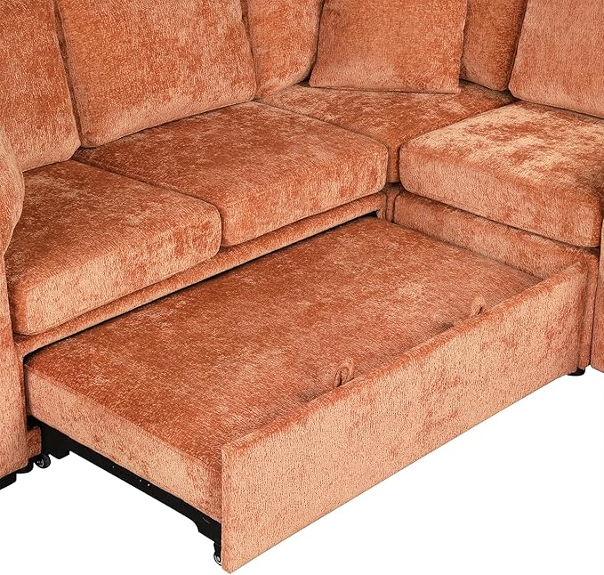 ERYE 120.5-Inch Oversized Sleeper Sectional Sofa W/Pull Out Sleeper Couch Bed, Modern Chenille Upholstered Reversible Modular Sectional Sleeper Sofa with Console & Cupholders | Storage
