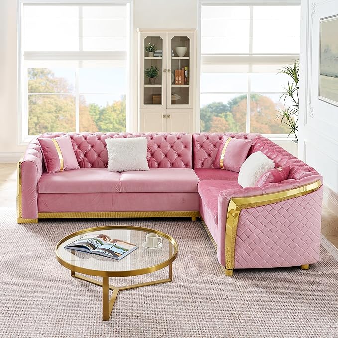 KEIKI 106" L-Shaped Luxury Velvet Chesterfield Sectional Sofa with Gold Stainless Steel Accents and 5 Pillows, Mid-Century Oversized 5-Seater Button Tufted Couch, Easy Assembly, for Living Room, Pink