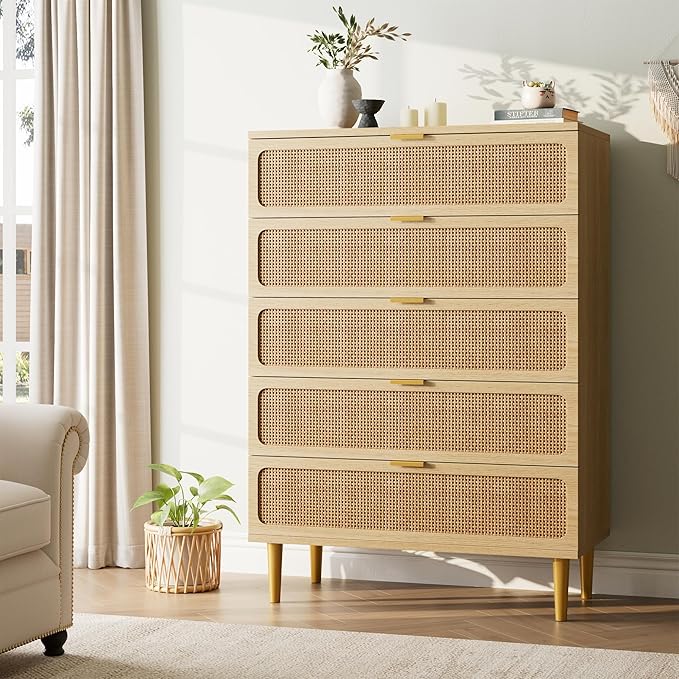 GarveeHome Rattan 5 Drawer Dressers for Bedroom, Tall Dresser with Deep Drawers, Large Chest of Drawers for Closet with Wide Top, Long Wooden Dresser for Living Room, Hallway, Kids Room, Natural