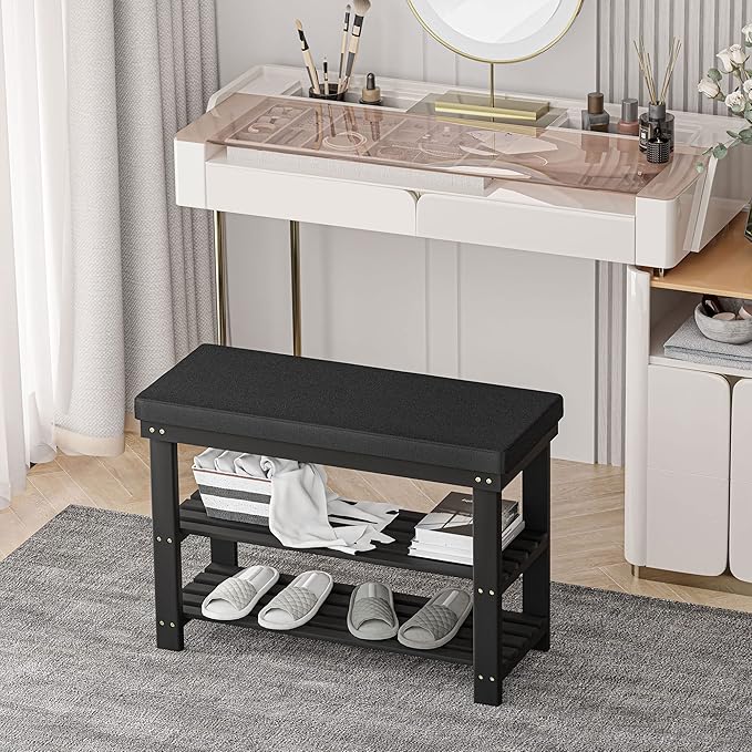 Domax Shoe Rack Bench,Bamboo Shoe Bench with Cushion, 3-Tier Shoe Storage Organizer for Entryway Entrance Hallway Bedroom Living Room,Holds Up to 330 lbs,11.8 x 28 x 17.7 Inches,Black