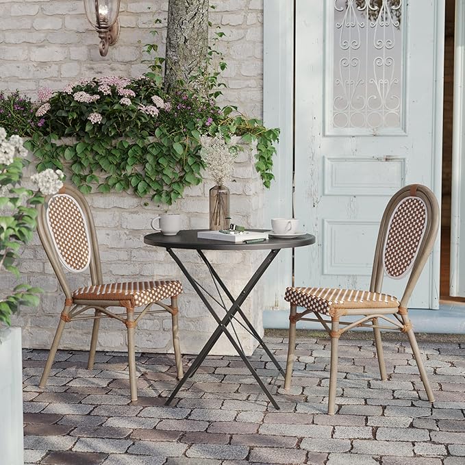 Flash Furniture Lourdes Indoor/Outdoor Commercial Thonet French Bistro Stack Chair - NAT/White PE Rattan Back and Seat - Light Natural Bamboo Print Metal Frame - 2 PK