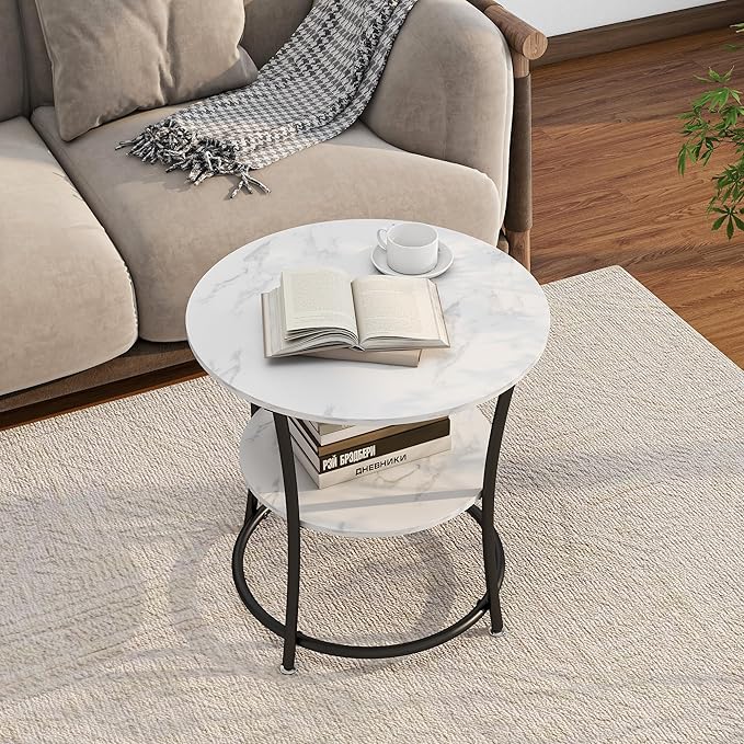 BOFENG Round Coffee Table,2-Tier Center Table with Storage Shelf for Living Room,White Coffee Tables with Sturdy Metal Frame,Sofa Table for Home Office, Easy Assembly