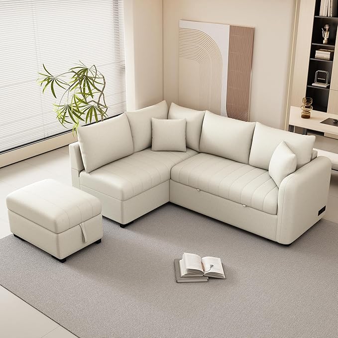 Merax Sofa Bed Sleeper Couch L Shaped Sofa with Storage Ottoman, L-Shape Sectional Couch with 2 USB Ports, 2 Power Sockets for Living Room and Small Apartment (Beige)