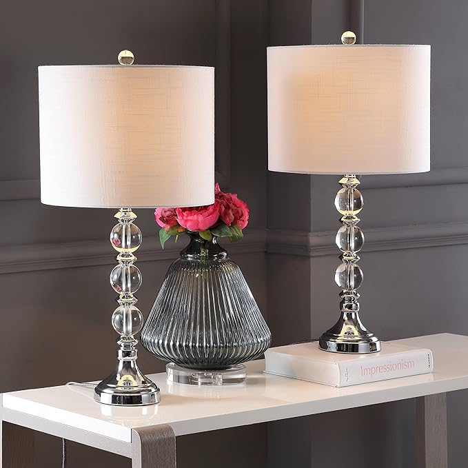 JONATHAN Y 26" Clear/Chrome Crystal LED Table Lamp Set of 2, Transitional Faceted Glass and Metal Nightstand Lamps with White Linen Drum Shade, LED Bulbs Included JYL5041A-SET2