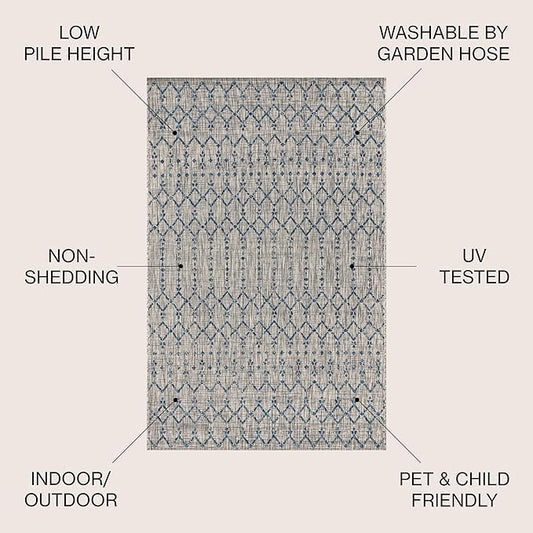 JONATHAN Y Moroccan Geometric Indoor Outdoor Square Area Rug 6X6 Light Gray/Navy, Ourika Textured Weave for Backyard, Patio, Porch, Easy-Cleaning, High Traffic, Pet-Friendly, Non-Shedding SMB108A-6SQ