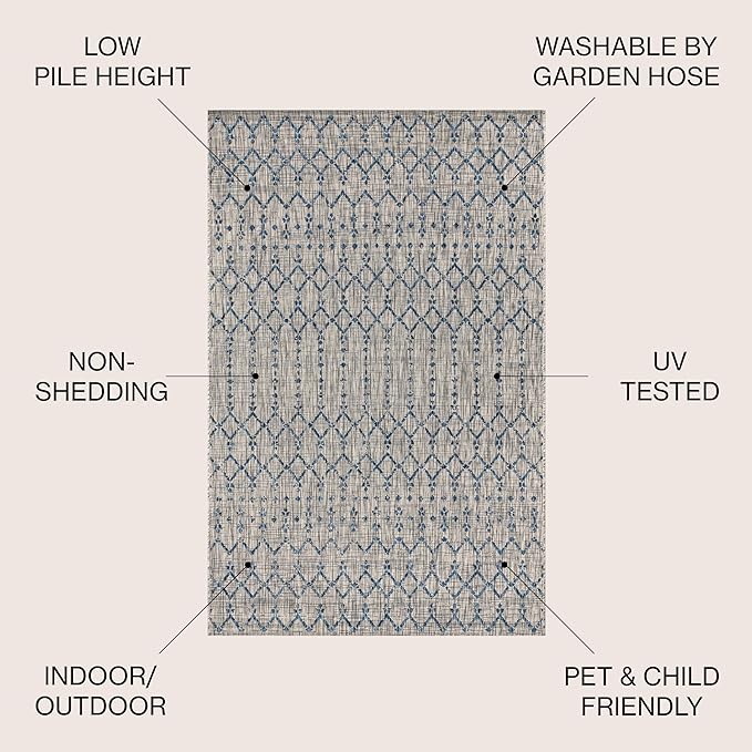 JONATHAN Y Moroccan Geometric Indoor Outdoor Area Rug 6X9 Light Gray/Navy, Ourika Textured Weave for Backyard, Patio, Porch, Easy-Cleaning, High Traffic, Pet-Friendly, Non-Shedding (SMB108A-6)