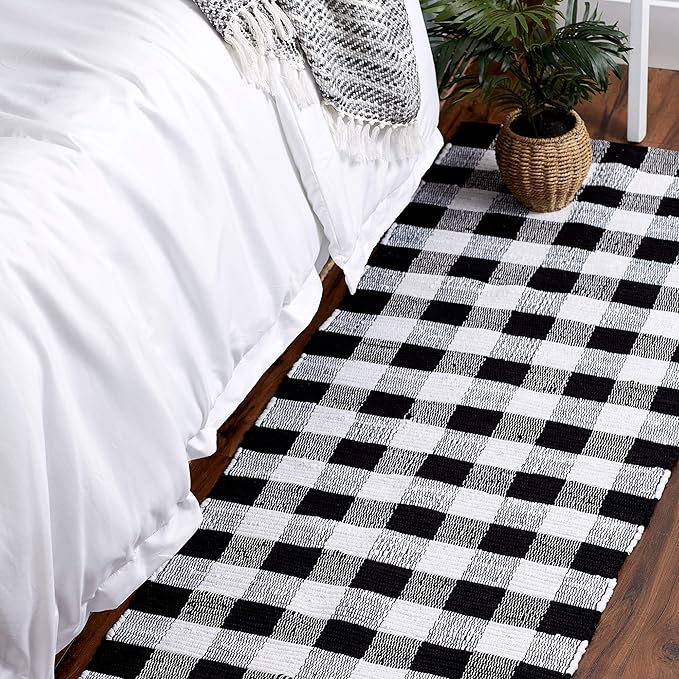 DII Buffalo Check Rug Collection, Hand Dyed Reversible Chindi Rug, Runner 2'3"x6', Black
