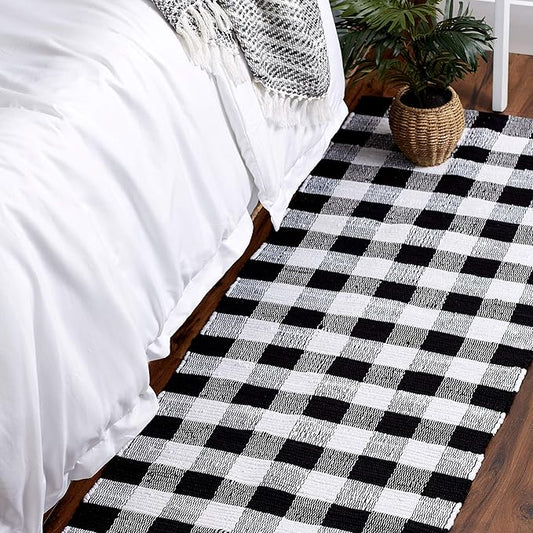 DII Buffalo Check Rug Collection, Hand Dyed Reversible Chindi Rug, Runner 2'3"x6', Black