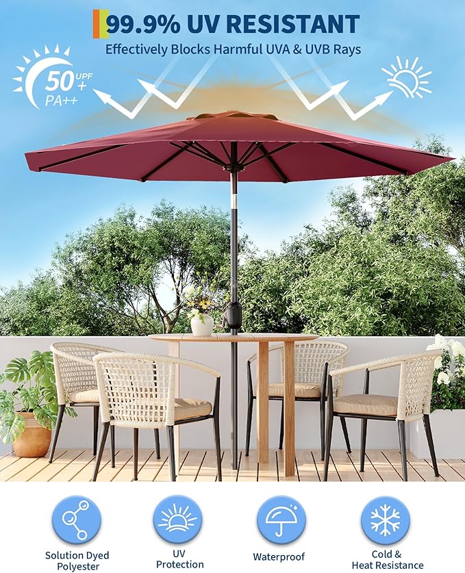 GarveeLife Outdoor Patio Umbrella, Table Market Umbrella with Push Button Tilt and Crank, 8 Sturdy Ribs UV Protection Waterproof for Garden, Deck, Backyard, Pool