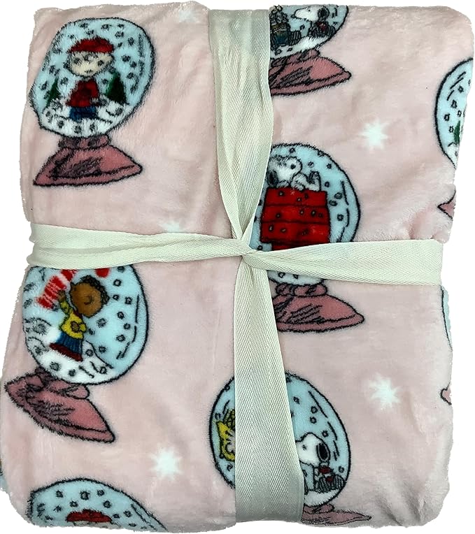 Berkshire Blanket & Home Co Peanuts Winter Blanket, Polyester (Light Pink - Characters in Snow Globes, Twin)