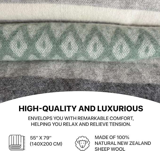 New Zealand Virgin Wool Throw Blanket, Indoor & Outdoor Blankets and Throws, Soft Blanket with Fringes, 55 x 79 in (140 x 200 cm), Green Gray Beige