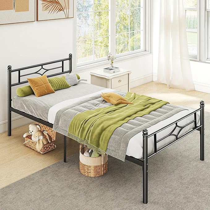BedsPick Twin Size Metal Platform Bed Frame with Vintage Headboard and Footboard, Sturdy Twin Bed Frame, 12.5 Inch Under Bed Storage, No Box Spring Needed, Easy to Assemble, Noise Free, Black