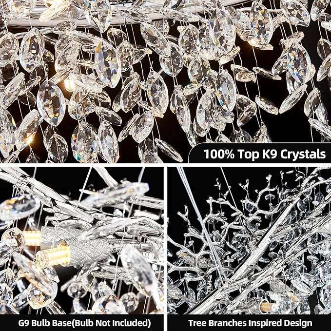 Modern Chrome Rectangular Chandelier for Living Room, 55" Luxury K9 Crystal Raindrop Light Contemporary 16 Light Tree Branch Chandelier for Kitchen Island, Living Room, Dining Room