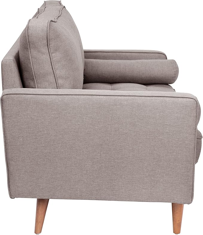 Taylor & Logan Hendrix Tufted Faux Linen Upholstered Mid-Century Modern Loveseat with Solid Wood Legs in Slate Gray