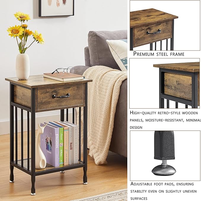 VECELO Night Stand Set 2 with Drawer and Storage Shelf,15.7x11.8x23.6 inches Bedside Table End Table,Wood Nightstands for Bedroom, Living Room,Sofa,Antique Brown,2 Sets