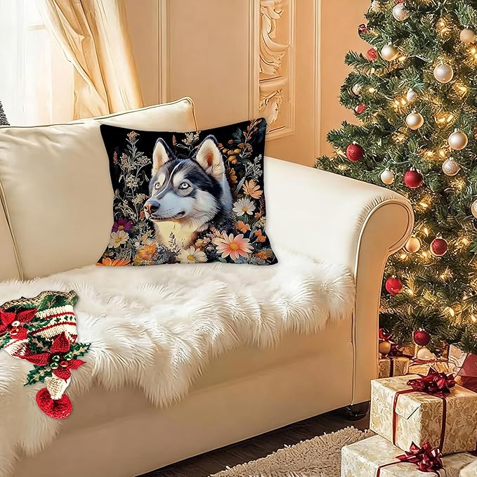 William Morris Inspired-Vintage Floral Siberian Husky Pillow Covers 18x18, Husky Lover Gifts, Moody Dark Botanical Dog Decorative Pillow Covers for Home Living Room Bedroom,Dog Lover Mom Gifts