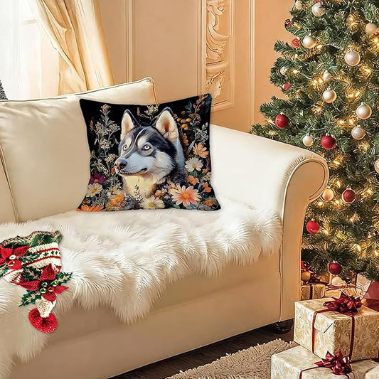 William Morris Inspired-Vintage Floral Siberian Husky Pillow Covers 18x18, Husky Lover Gifts, Moody Dark Botanical Dog Decorative Pillow Covers for Home Living Room Bedroom,Dog Lover Mom Gifts