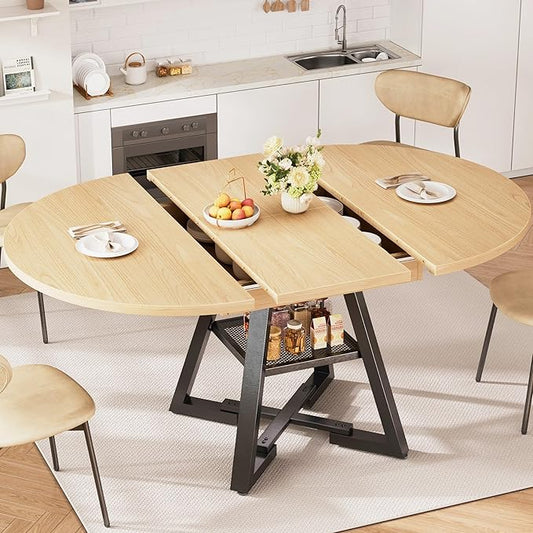 Round Dining Table Kitchen Dining Room Dinner Table for 4-6, Space Saving Extendable Oval Circle Furniture with Pedestal Base and Storage Shelf for Kitchen Living Room (Wood, for 4-6)