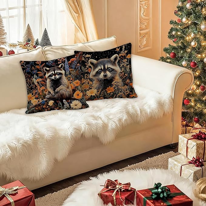 William Morris Inspired-Moody Floral Raccoon Pillow Covers 18x18 Set of 2, Raccoon Lover Gifts, Dark Wildflower Botanical Trash Panda Wildlife Decor Pillow Covers for Home Living Room Bedroom
