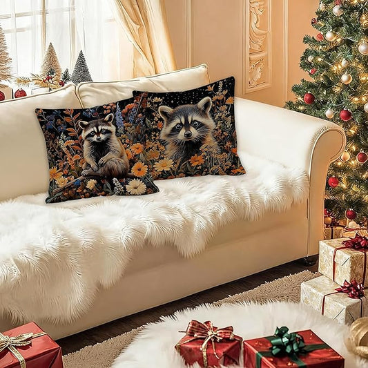 William Morris Inspired-Moody Floral Raccoon Pillow Covers 18x18 Set of 2, Raccoon Lover Gifts, Dark Wildflower Botanical Trash Panda Wildlife Decor Pillow Covers for Home Living Room Bedroom