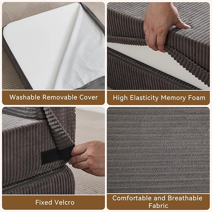 WUTUTUEE Folding Sofa Bed Convertible Floor Couch Foldable Chair Bed with Pillow，Linen Sleeper Chair Futon,Foldable Memory Foam Mattress for Bedroom/Living Room/Dorm/Office (Corduroy Grey, Single)