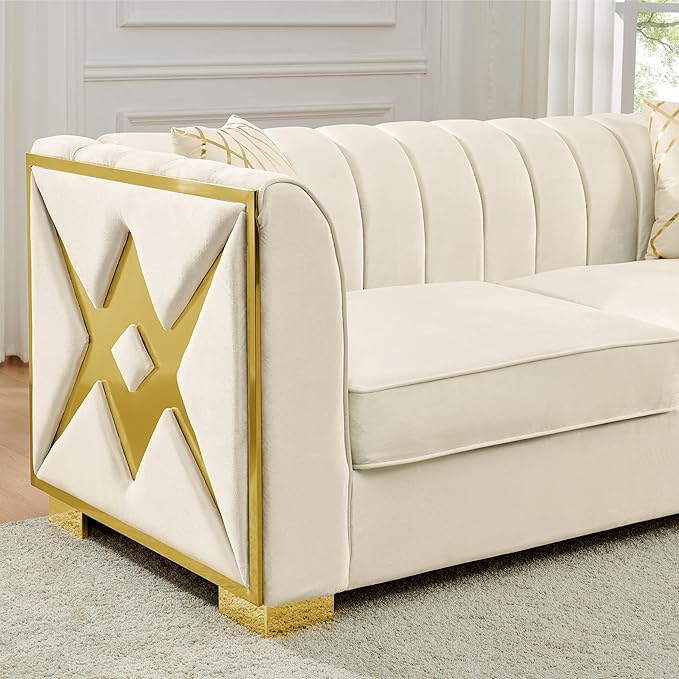 KEIKI 2-Piece Luxury Chesterfield Sofa Set with 2 Oversized Velvet 3-Seater Sofa, Upholstered Modern 6-Seater Button Tufted Couch Set with 4 Pillow, Gold Stainless Decoration, for Living Room, Beige