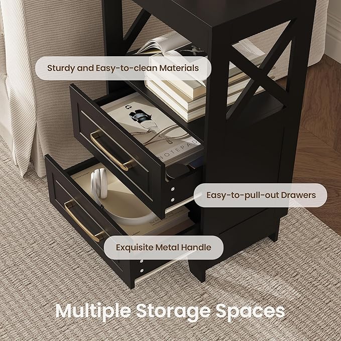 Tall Nightstand Set of 2 Side Table with 2 Drawers Modern Night Stand Wooden End Table Bedside Table with Upper Open Shelf Solid Feet for Bedroom Black