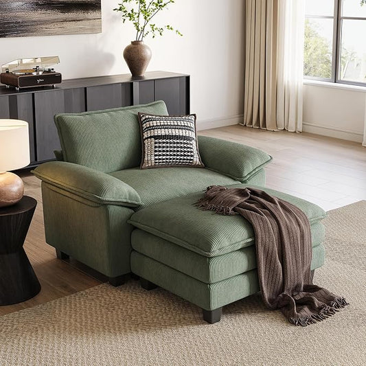 LINSY HOME Cloud Sofa Accent Chair with Ottoman Chaise Lounge Chair Indoor, Corduroy Couch Sofa Chair for Living Room Apartment Bedroom Office, Green