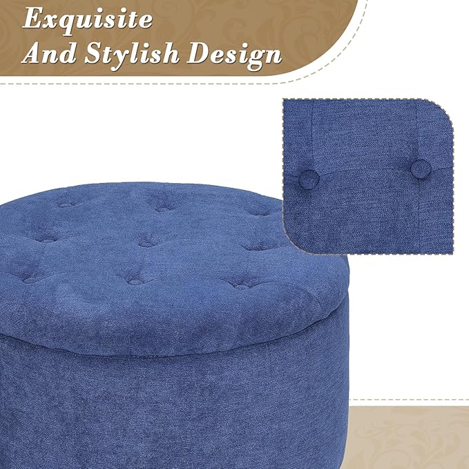 Athena Collection 24.5 Inch Small Ottoman with Storage, Round Linen Fabric Storage Ottoman Foot Rest with Removable Lid, Multipurpose Footstool Footrest for Livingroom, Bedroom, Dorm, Blue