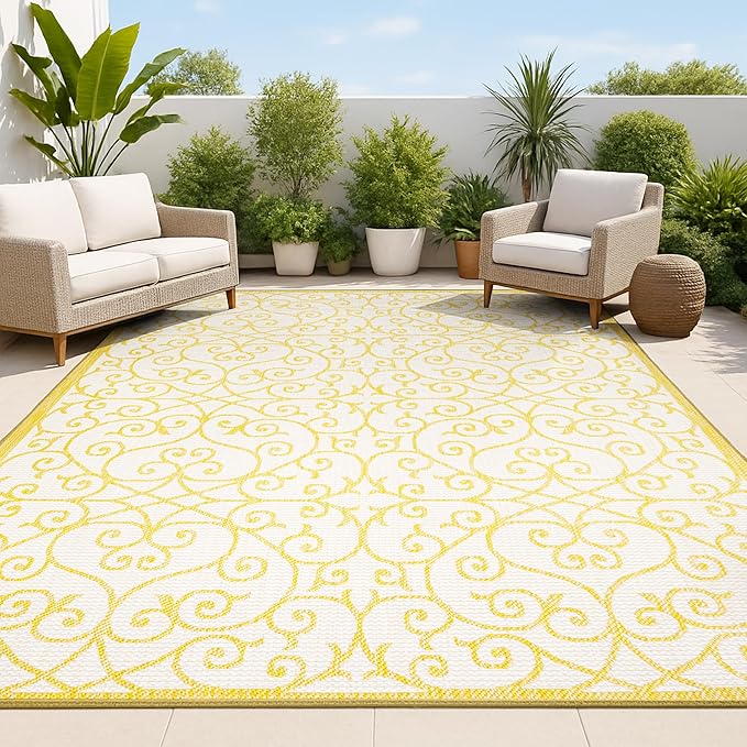 JONATHAN Y Vintage Filigree Indoor Outdoor Area Rug 8X10 Cream/Yellow, Madrid Textured Weave for Backyard, Patio, Porch, Easy-Cleaning, High Traffic, Pet-Friendly, Non-Shedding (SMB107D-8)