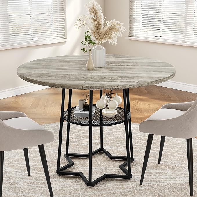 IDEALHOUSE Round Dining Table for 4, 38" Farmhouse Kitchen Table with 17.7" Storage, Small Circle Dinner Tables, Space Saving, Wood Kitchen & Dining Room Furniture for Dining Room, Apartmen, Grey