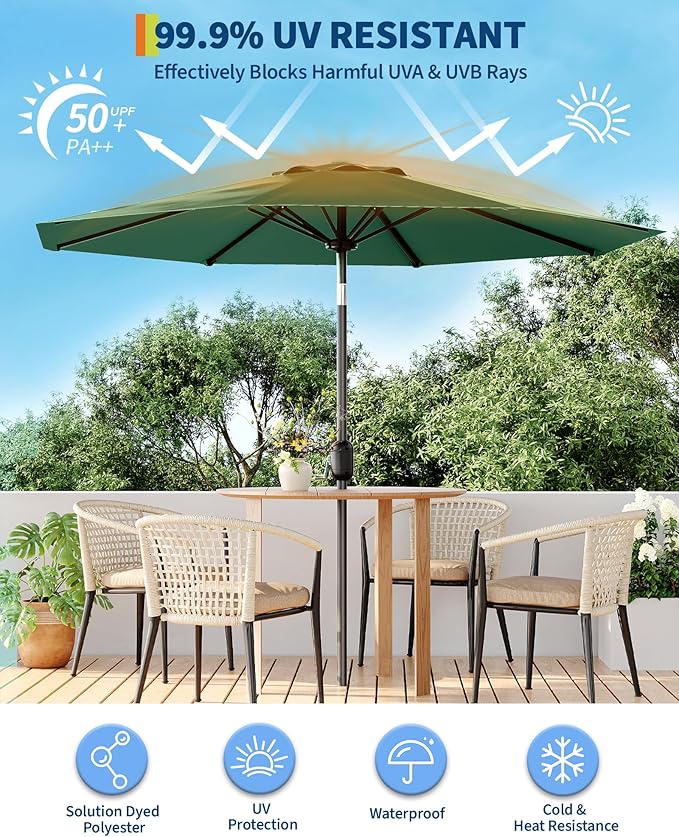 GarveeLife Outdoor Patio Umbrella, Table Market Umbrella with Push Button Tilt and Crank, 8 Sturdy Ribs UV Protection Waterproof for Garden, Deck, Backyard, Pool