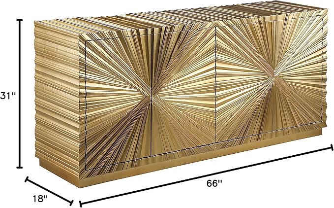 Meridian Furniture Golda Collection Modern | Contemporary Gold Leaf Sideboard/Buffet with Intricate Hand Carved Starburst Design, 66" W x 18" D x 31" H