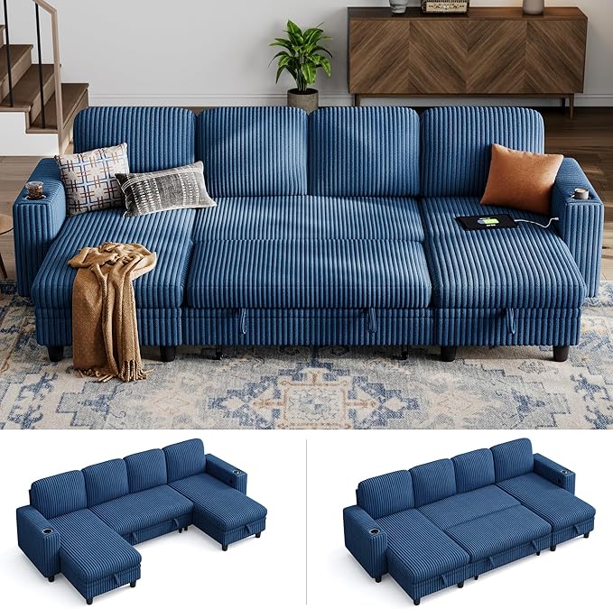 LINSY HOME Sectional Sleeper Sofa Pull Out Couches for Living Room (Blue, Sleeper Sofa 3) | Pull Out Sofa Bed, Storage, USB Charging, Cup Holders, Plush Corduroy | Pull Out Sofa Bed, Storage, USB Charging, Cup Holders, Plush Corduroy
