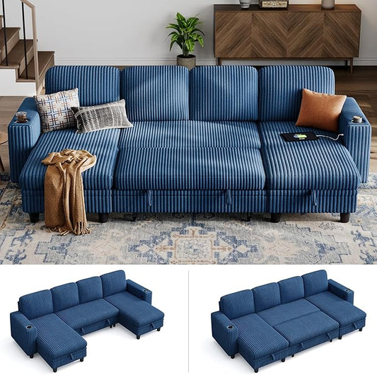 LINSY HOME Sectional Sleeper Sofa Pull Out Couches for Living Room (Blue, Sleeper Sofa 3) | Pull Out Sofa Bed, Storage, USB Charging, Cup Holders, Plush Corduroy | Pull Out Sofa Bed, Storage, USB Charging, Cup Holders, Plush Corduroy