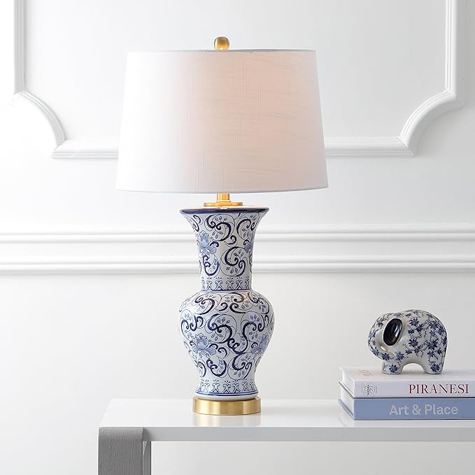 JONATHAN Y 28.5" Blue/White Chinoiserie Ceramic LED Table Lamp, Traditional Hand-Painted Floral Vase Lamp for Living Room, White Linen Shade, LED Bulb Included JYL5014A