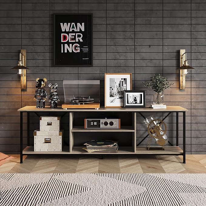 WLIVE Industrial TV Stand for Up to 70 inch TV, Heavy-Duty Metal Frame Entertainment Center with Adjustable Shelves & Cable Management, Large Media Console for Living Room, Greige