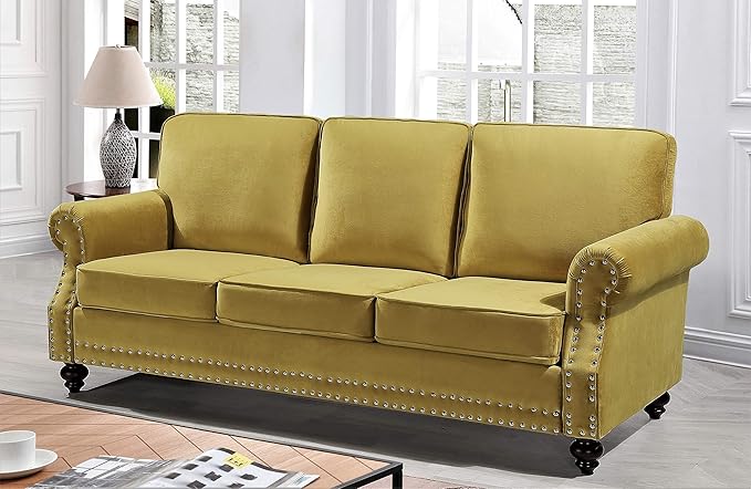 Container Furniture Direct Lotus Mid Century Modern Velvet Upholstered Living Room Rolled Arms, Sofa and Loveseat, Strong Yellow