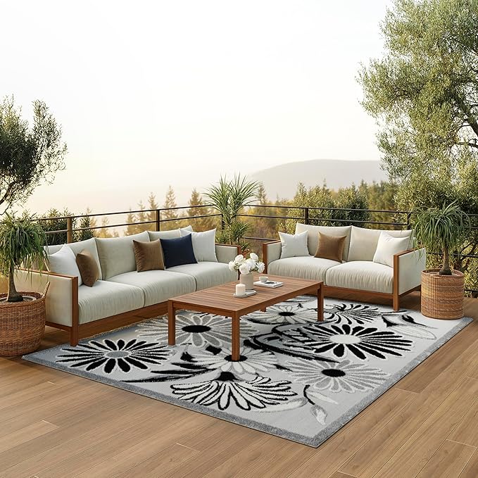 Nourison Home Aloha Black White 9' x 12' Area Rug - Easy Clean, Non Shedding, Bed Room, Living Room, Dining Room, Kitchen (9' x 12')
