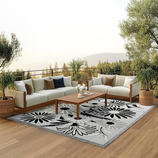 Nourison Home Aloha Black White 6' x 9' Area Rug - Easy Clean, Non Shedding, Bed Room, Living Room, Dining Room, Kitchen (6' x 9')