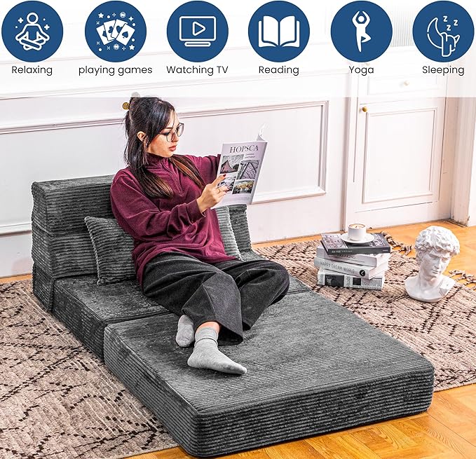 Cvortll Folding Sofa Bed, Convertible Sleeper Chair with Pillow, High Density Memory Foam Fold Out Couch, Foldable Mattress Futon Sofa for Living Room/Dorm/Guest Use/Apartment/Home Office